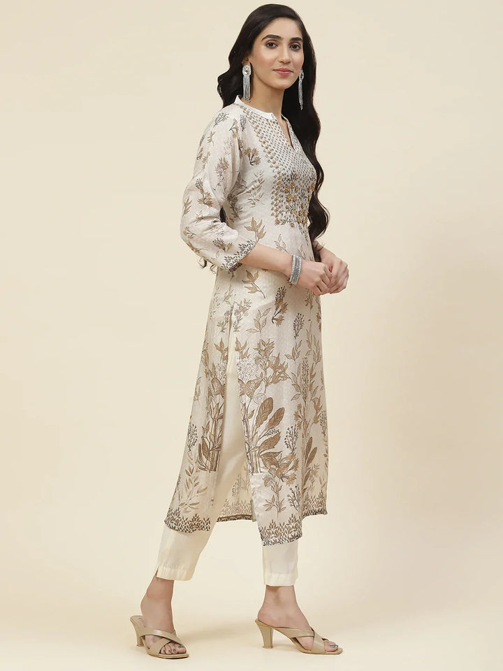 Printed With Yoke Embroidered Muslin Kurta