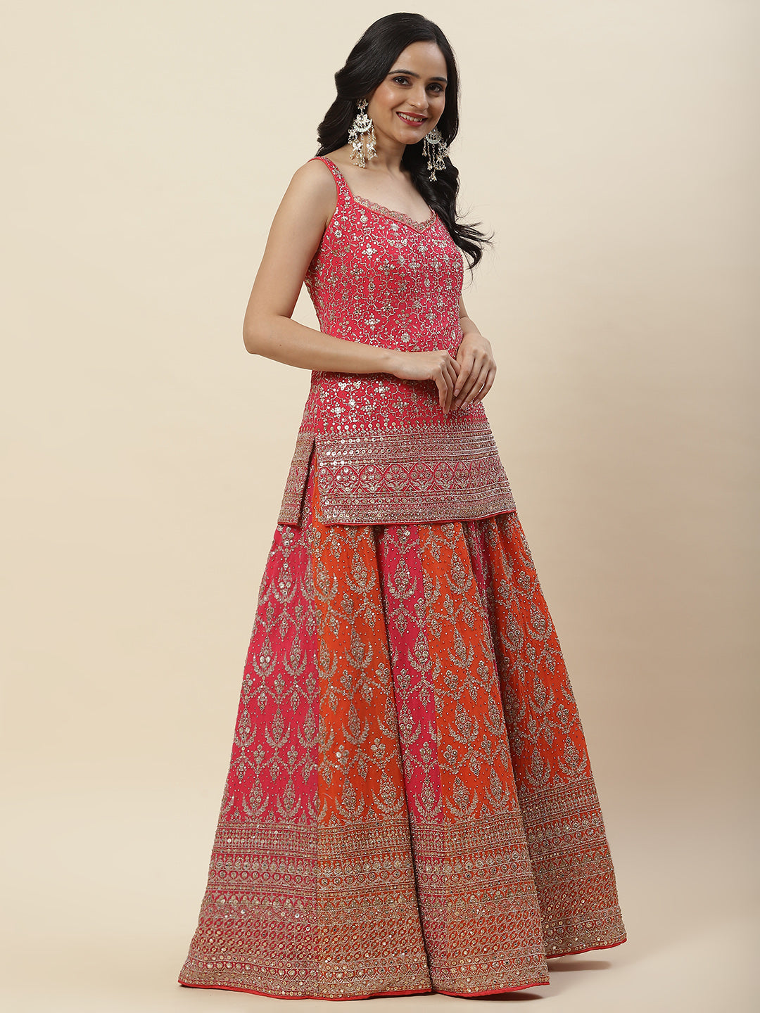 Zari Jaal Embroidered Georgette Kurti With Lehenga &amp; Dupatta