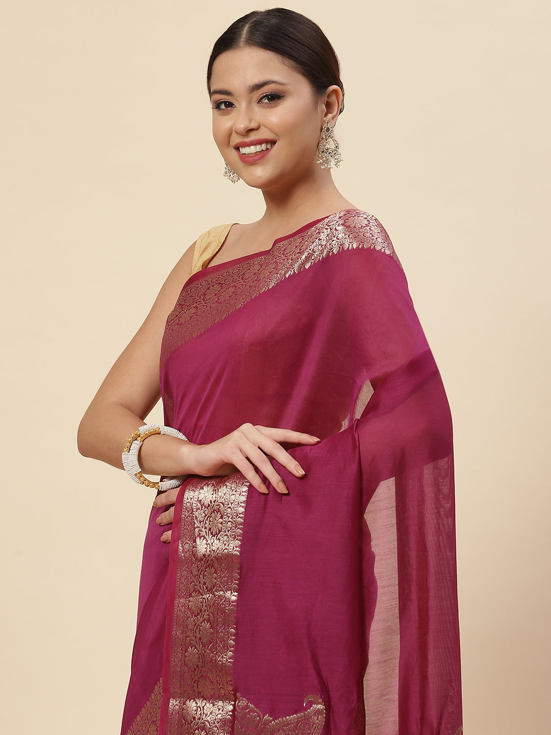 Plain Zari Border Cotton Woven Saree