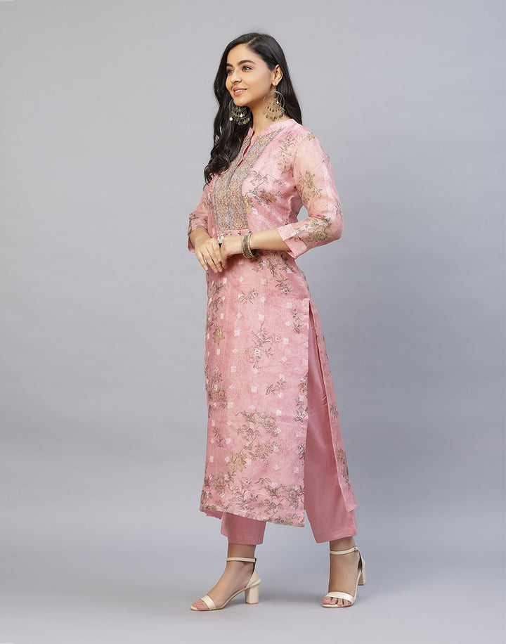 Organza Printed Kurti Pant Set with Yoke Detail