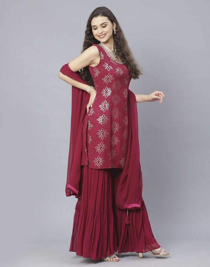 Bottle Green and Wine Art Crepe Salwar Kameez