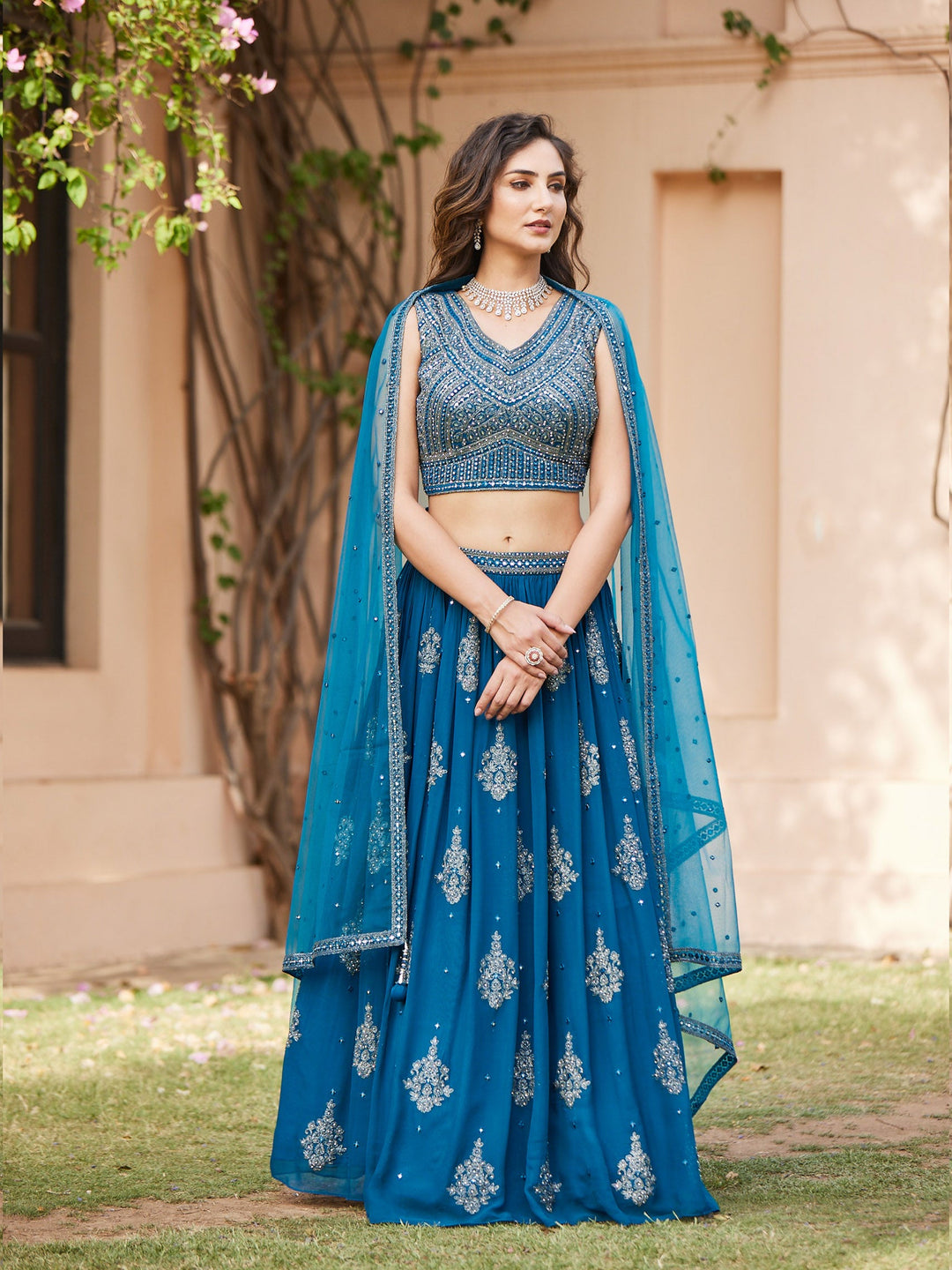Resham Mirror Georgette Lehenga With Choli and Net Booti Dupatta