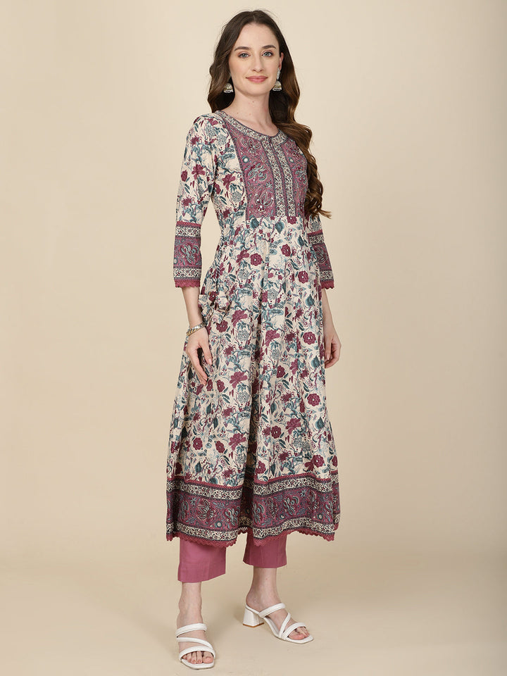 Floral Printed Cotton Kurta With Pants &amp; Dupatta