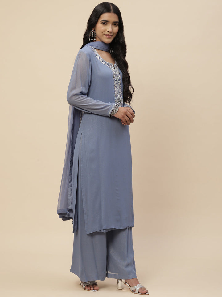 Stone Work Georgette Kurta With Pants &amp; Dupatta