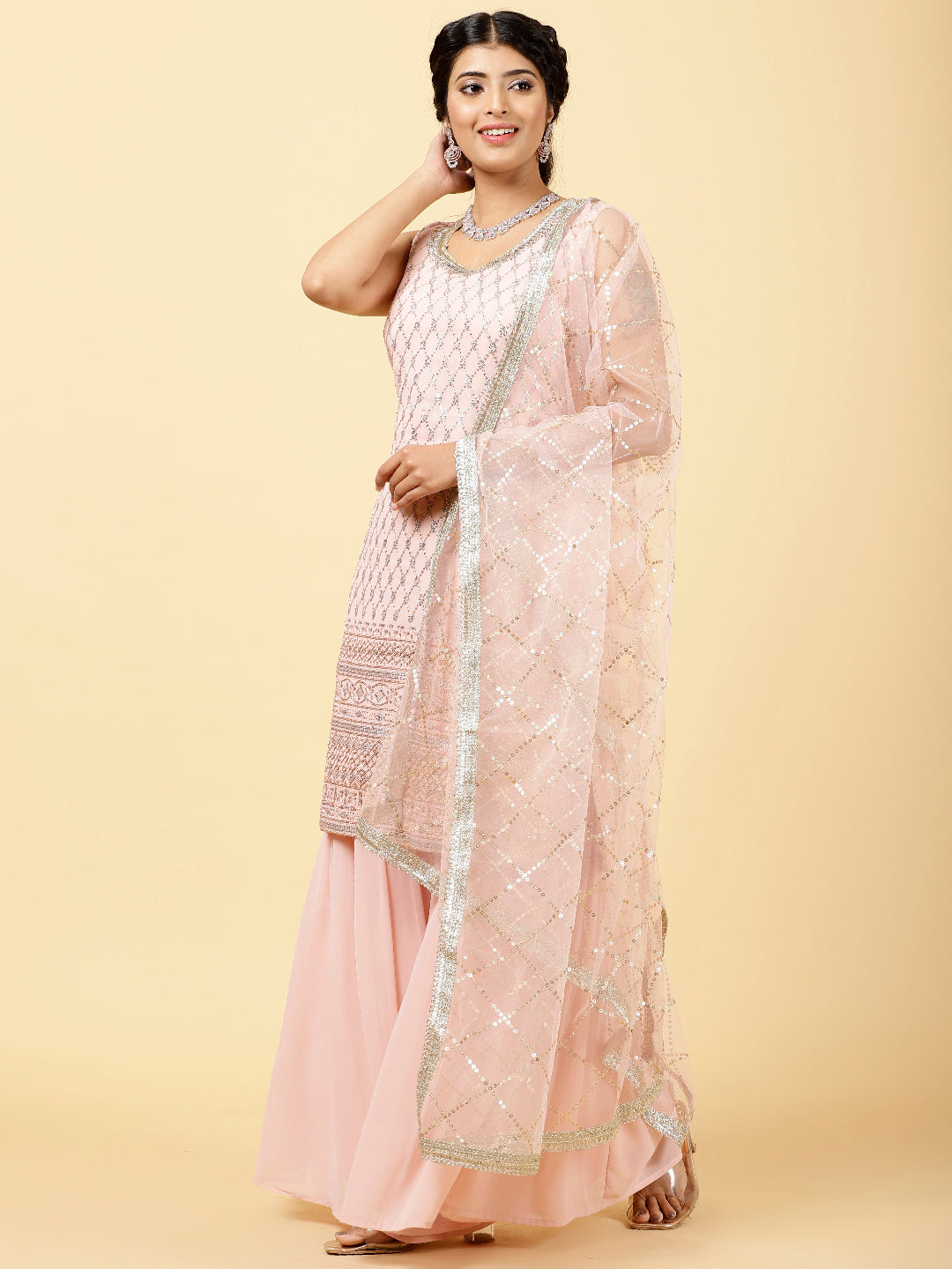 Sequin Georgette Kurta With Palazzo  &amp; Dupatta