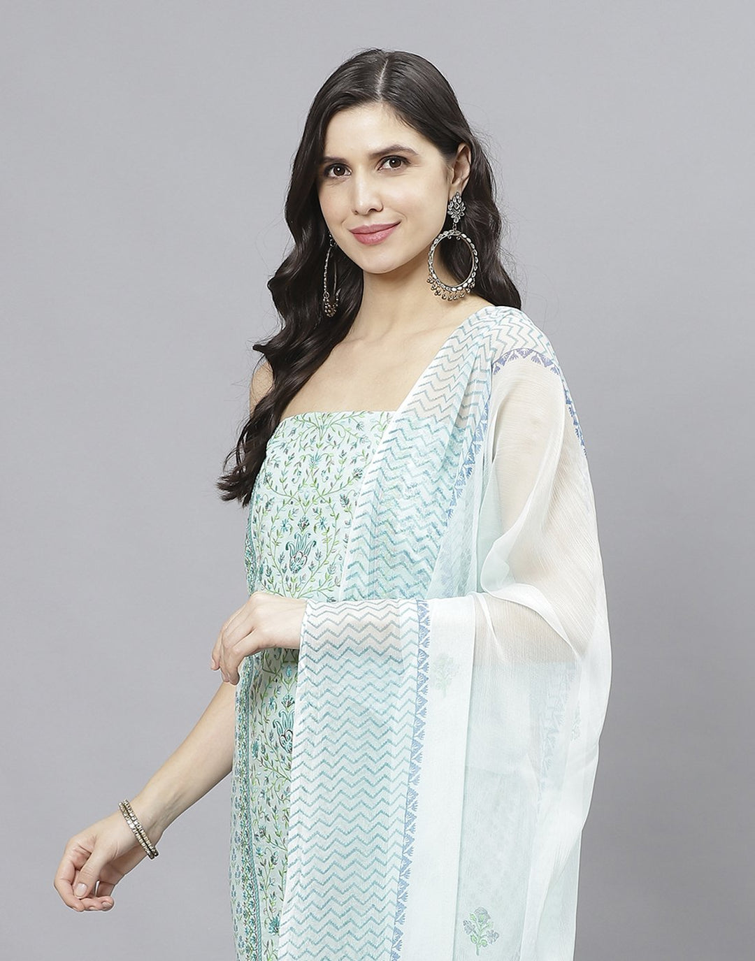 Printed Cotton Suit Piece With Chiffon Dupatta