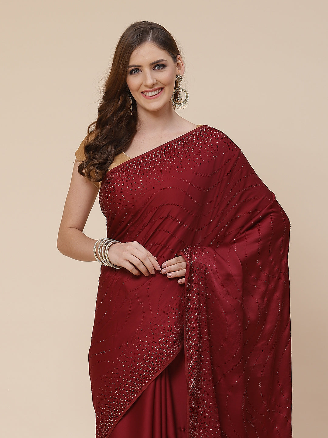 Stone Work Handloom Pure Satin Embroidered Saree