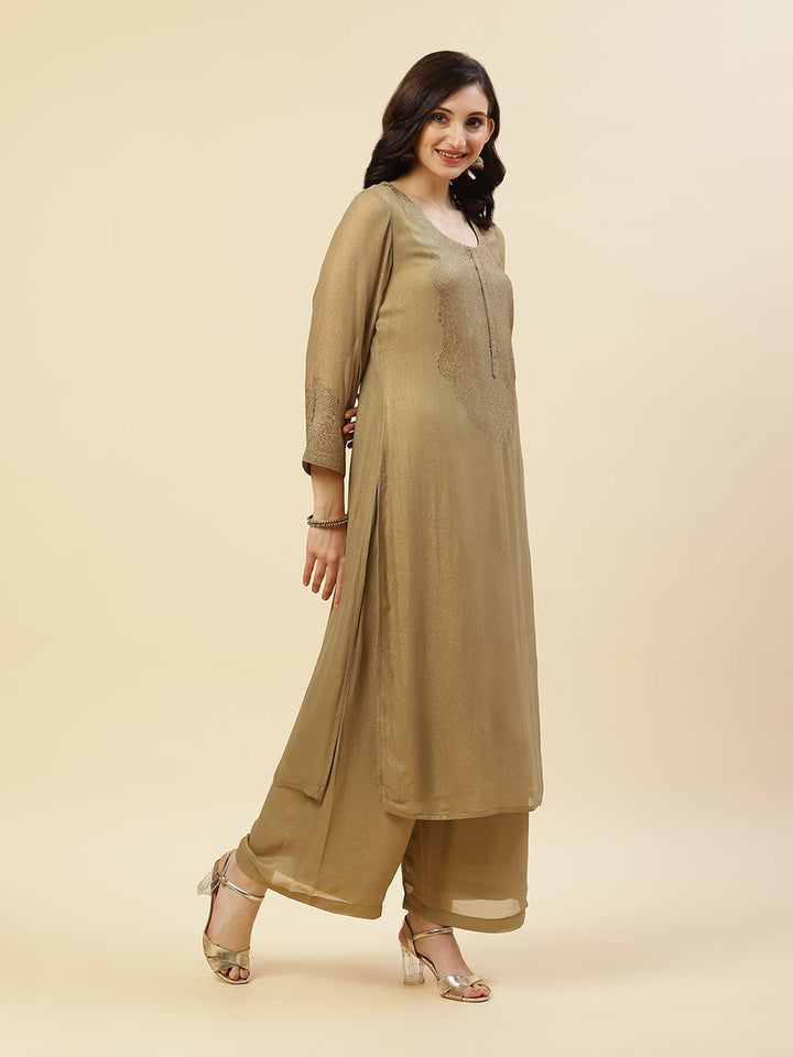 Embroidered Georgette Kurti With Palazzo And Dupatta