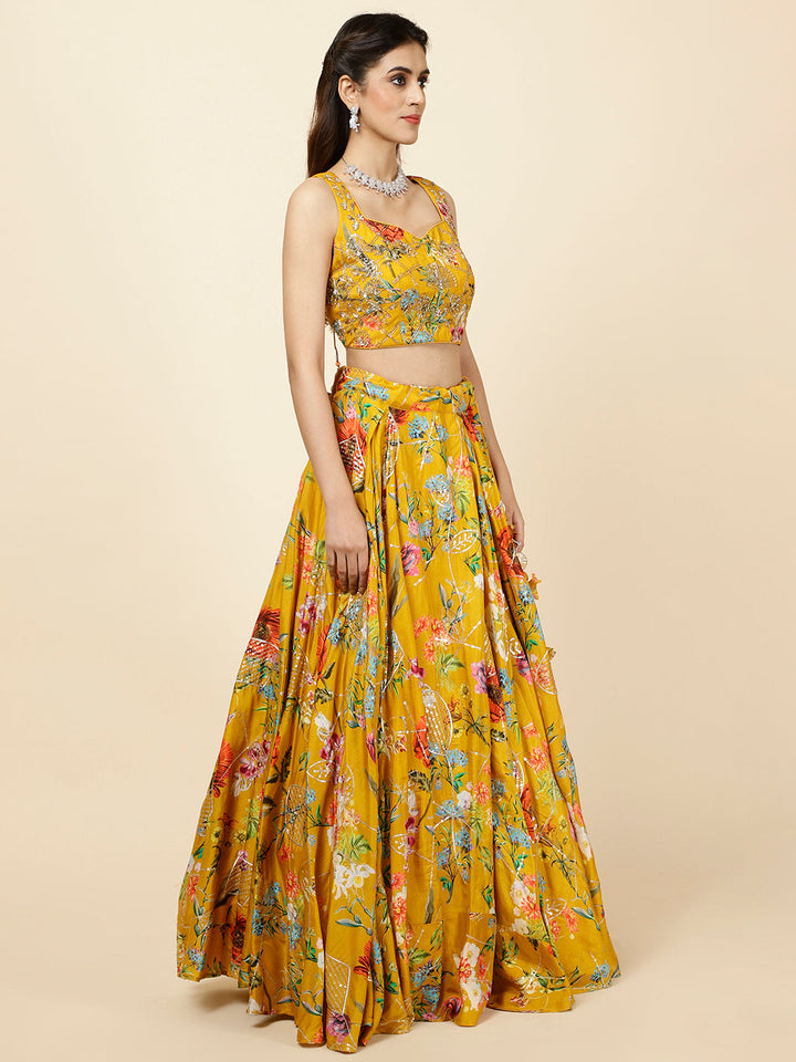 Floral Printed Crepe Choli With Lehenga &amp; Dupatta