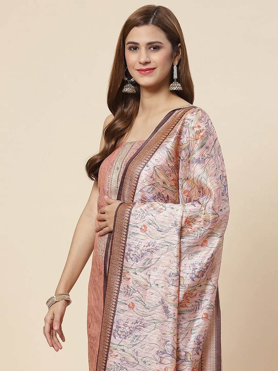 Neck Embroidered &amp; Printed Chanderi Unstitched Suit Piece With Dupatta