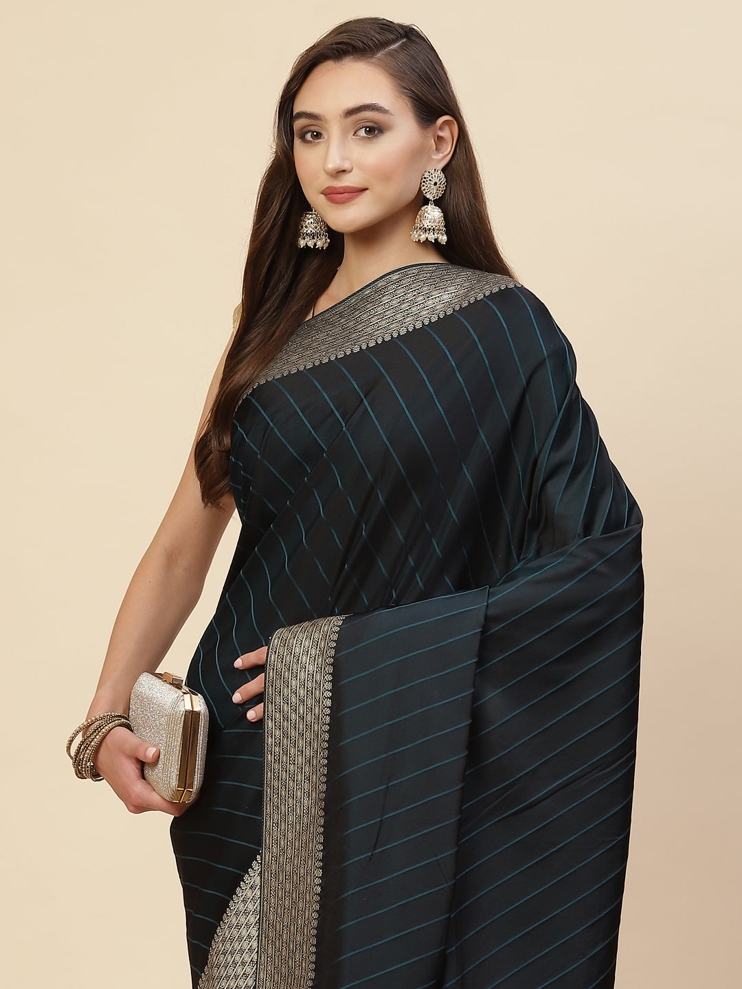 Stripes Stone Jaal Banarasi Woven Saree