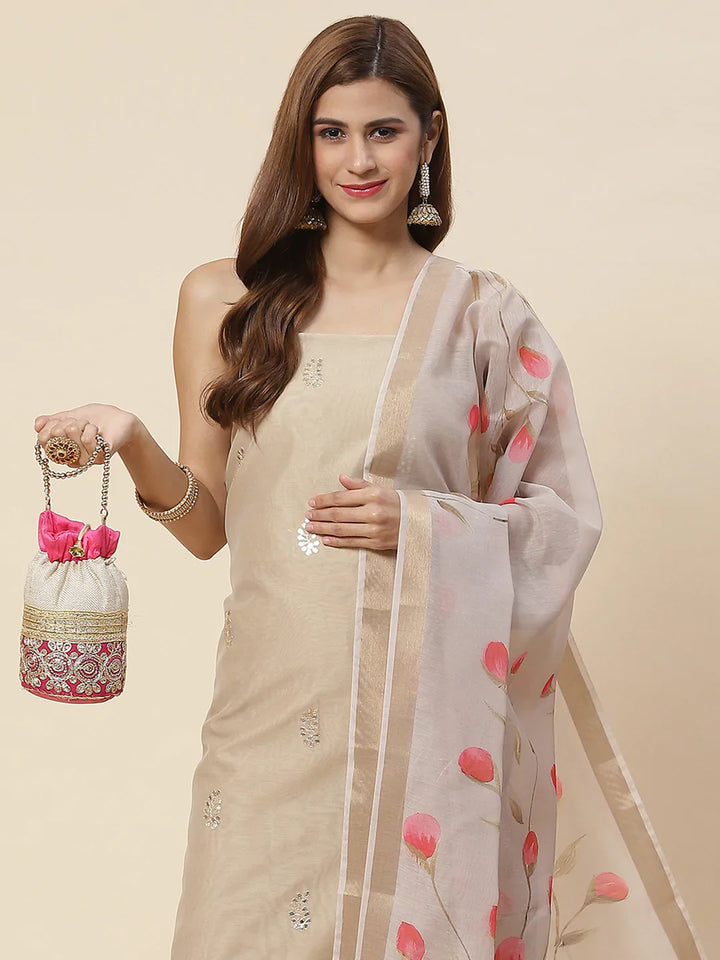 Embroidered Chanderi Unstitched Suit Piece With Floral Dupatta