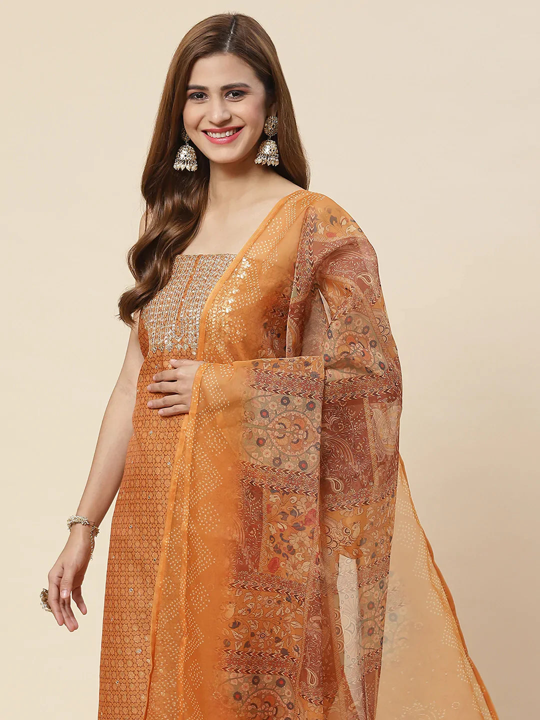 Neck Embroidered &amp; Printed Chanderi Unstitched Suit Piece With Dupatta