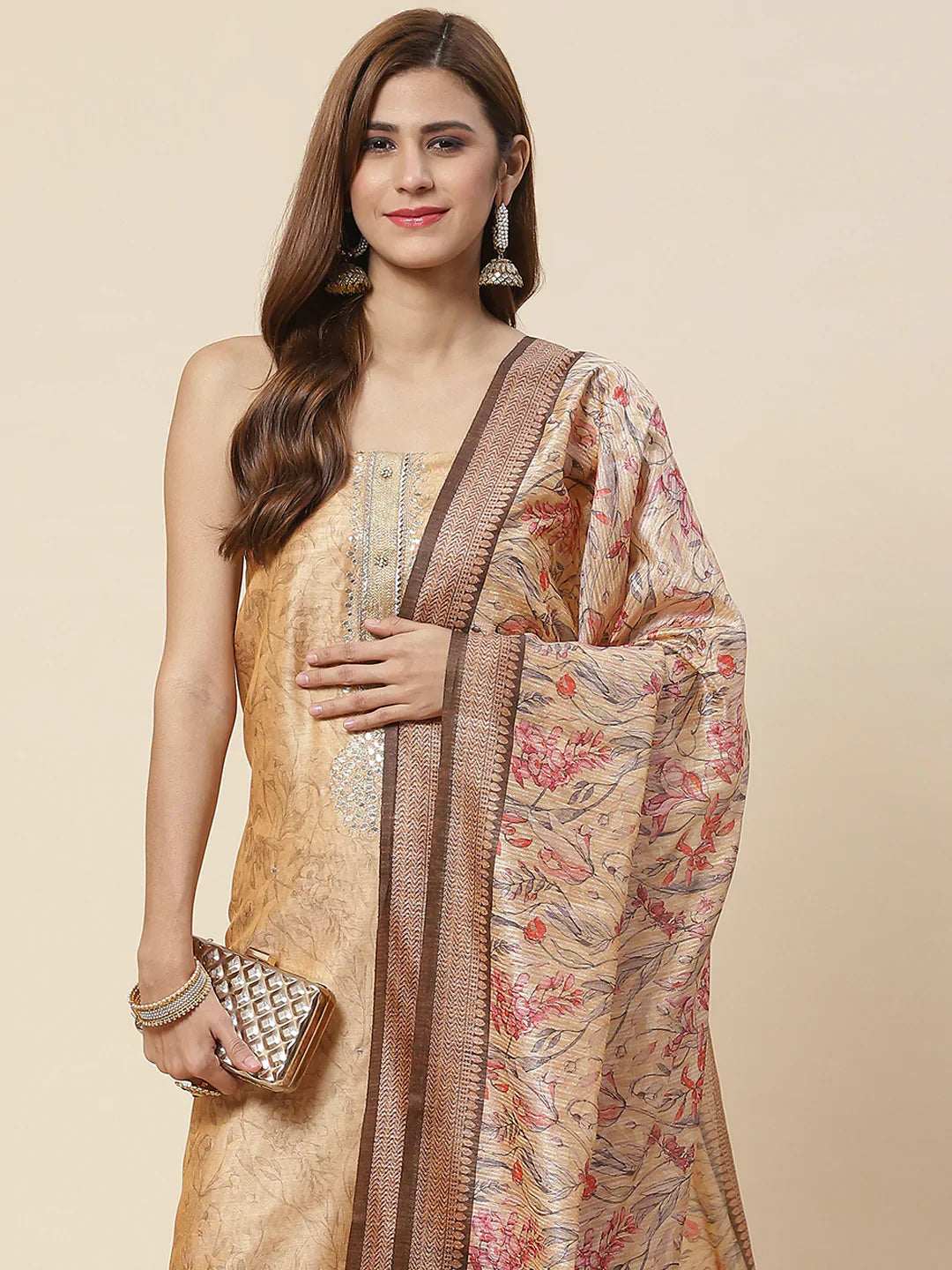 Neck Embroidered &amp; Printed Chanderi Unstitched Suit Piece With Dupatta