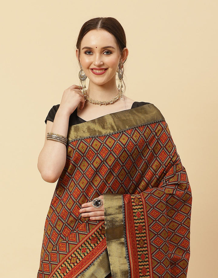 Printed Art Handloom Dupion Zari Booti Border Saree