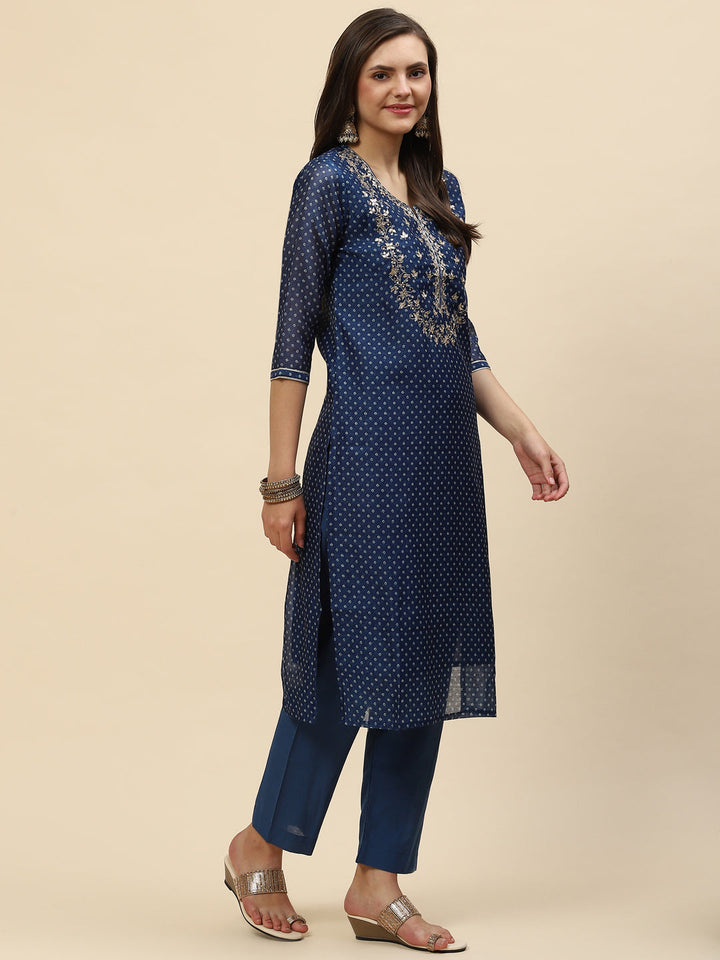 Gota Work &amp; Printed Chanderi Kurta With Pants