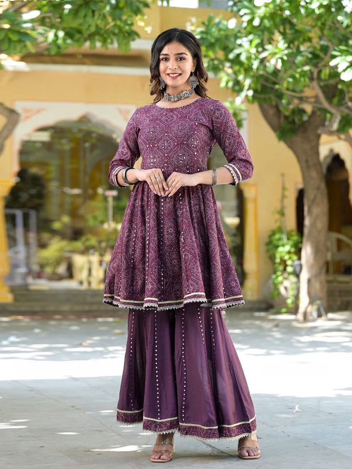 Bandhej Printed Cotton Kurta With Garara &amp; Dupatta