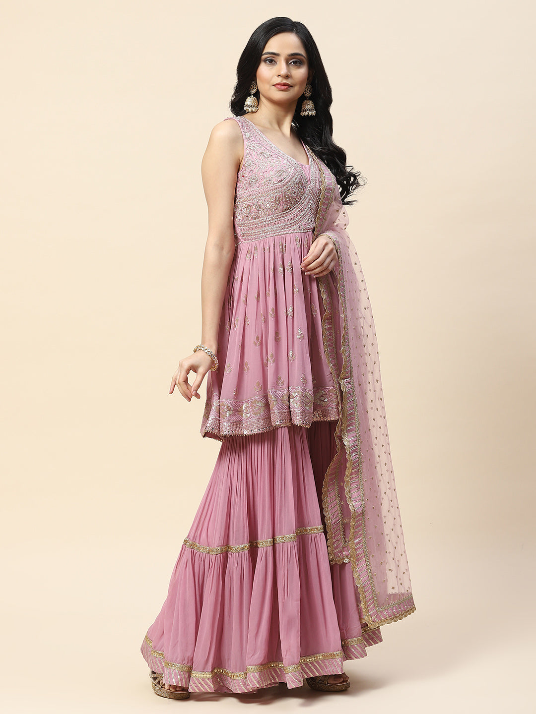 Resham Sequin Embroidered Georgette Kurta With Palazzo &amp; Dupatta