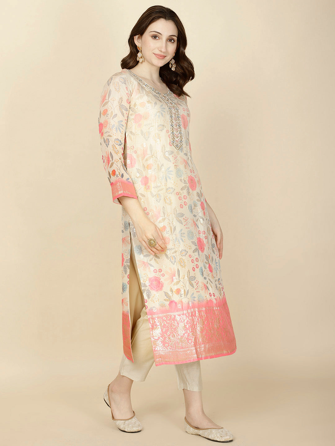 Floral Printed &amp; Woven Organza Kurta With Pants &amp; Dupatta
