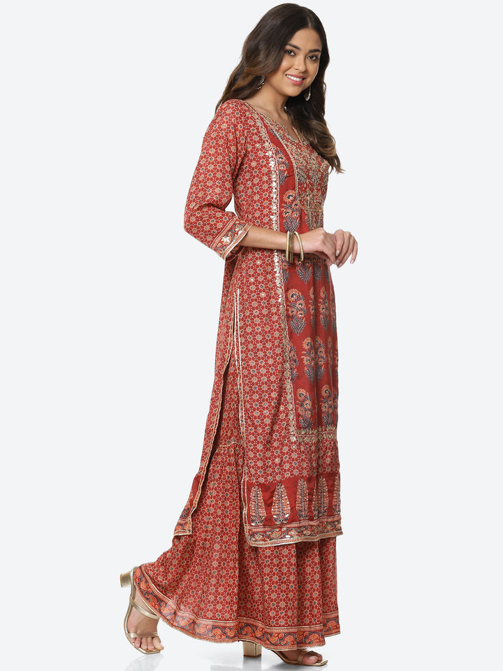 Gota Neck Printed Cotton Kurta With Garara &amp; Dupatta