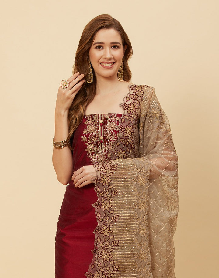 Embroidered Chanderi Suit Piece With Organza Dupatta