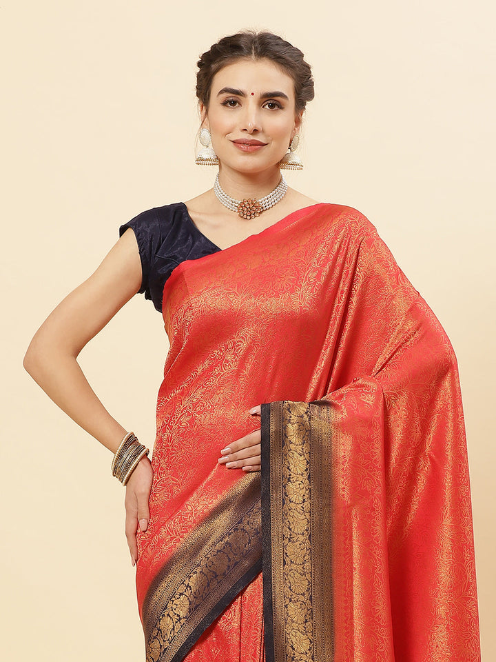 Brocade Zari Jaal Art Handloom Saree With Contrast Border