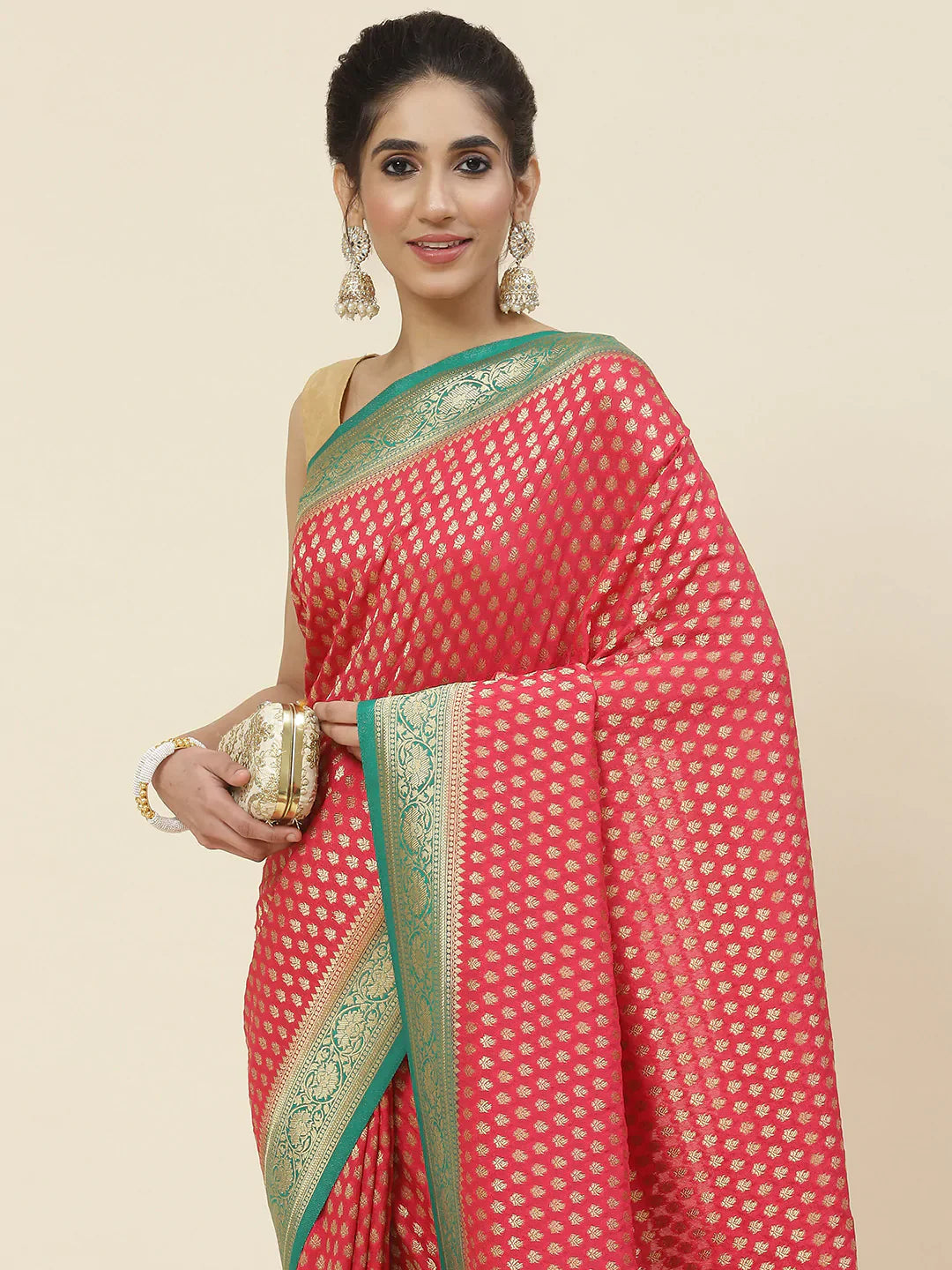 Zari Booti Crepe Plain Saree
