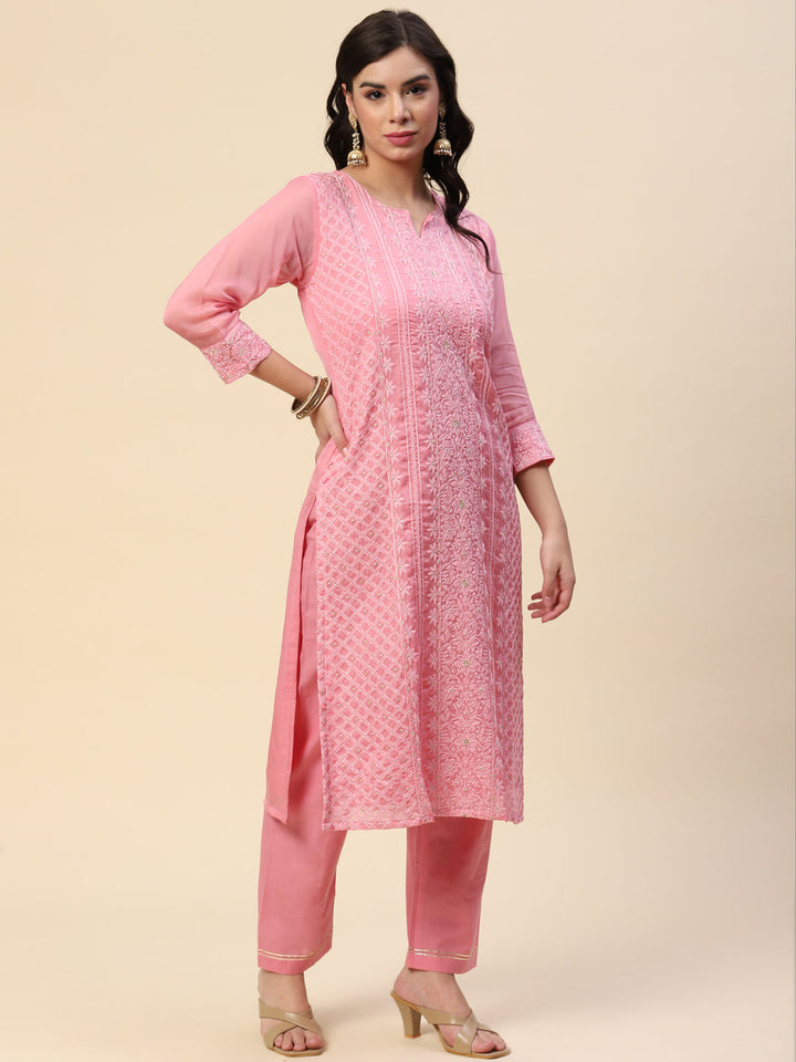 Resham Embroidered Booti Organza Kurta With Pants &amp; Dupatta