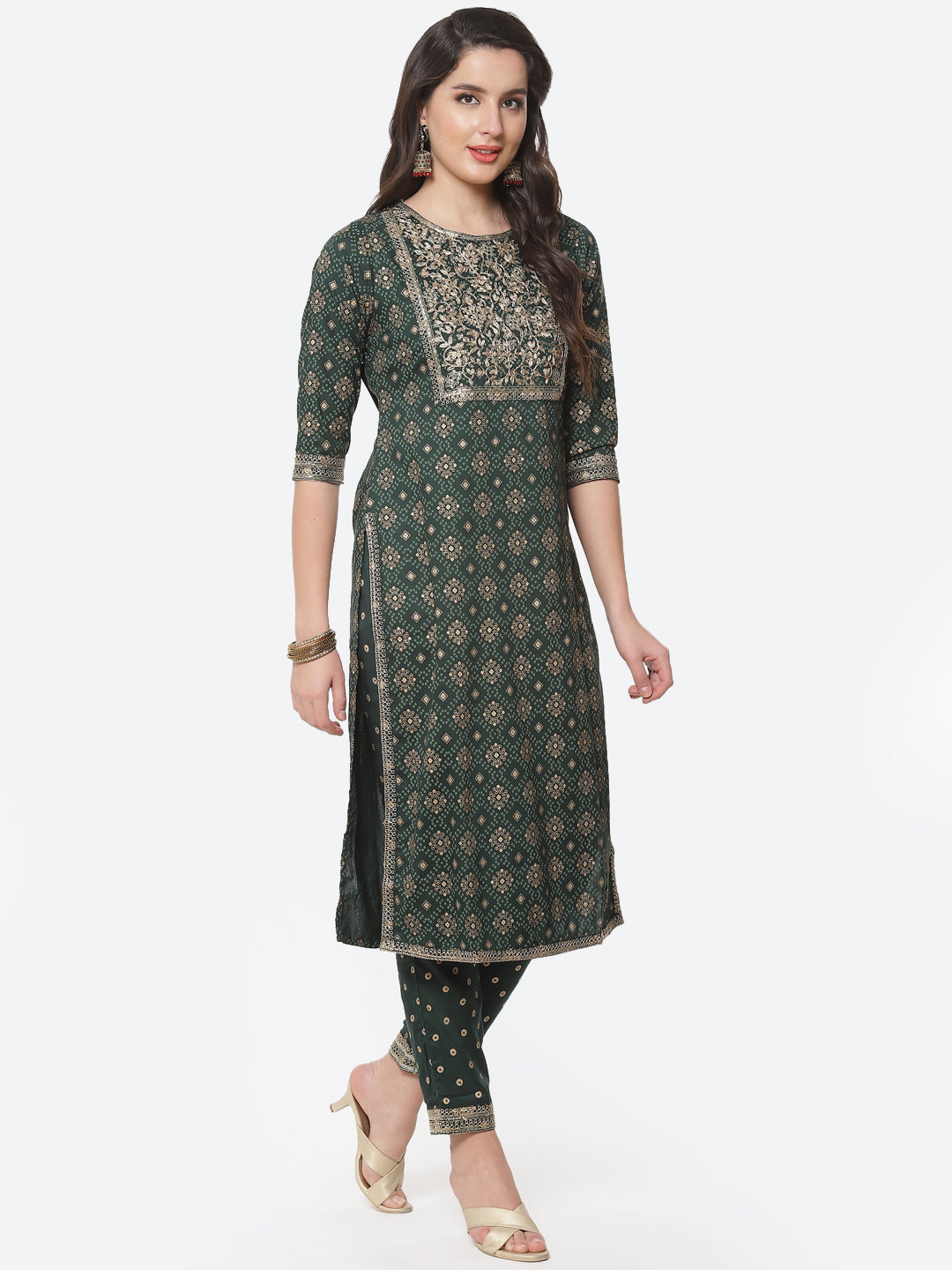Zari Work Cotton Muslin Kurti Printed Pant And Dupatta