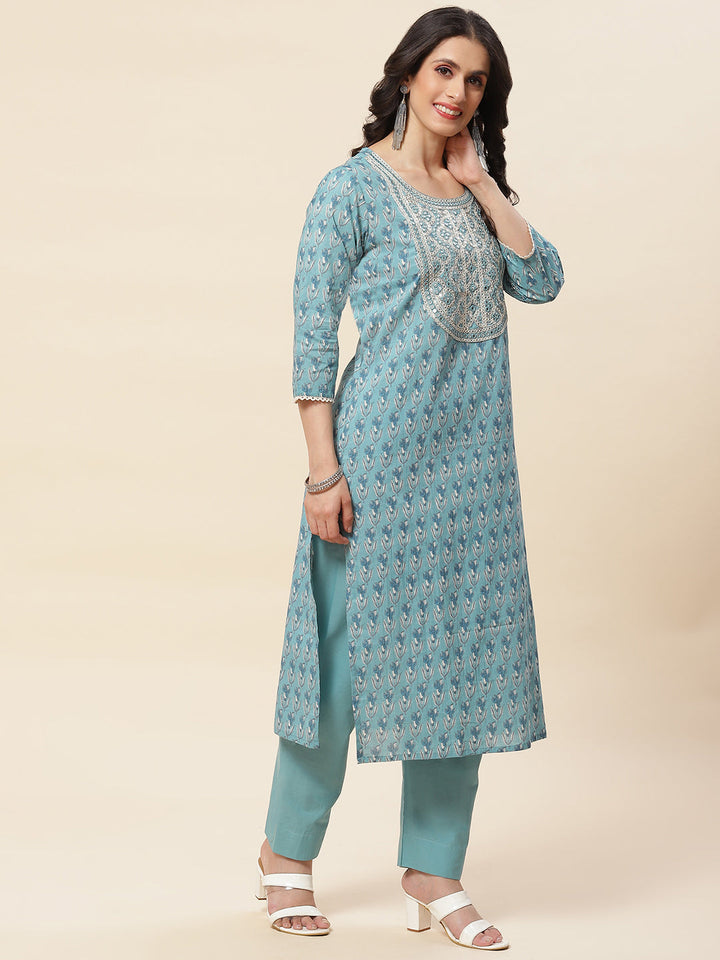 Printed  &amp; Neck Embroidered Cotton Kurta With Pants