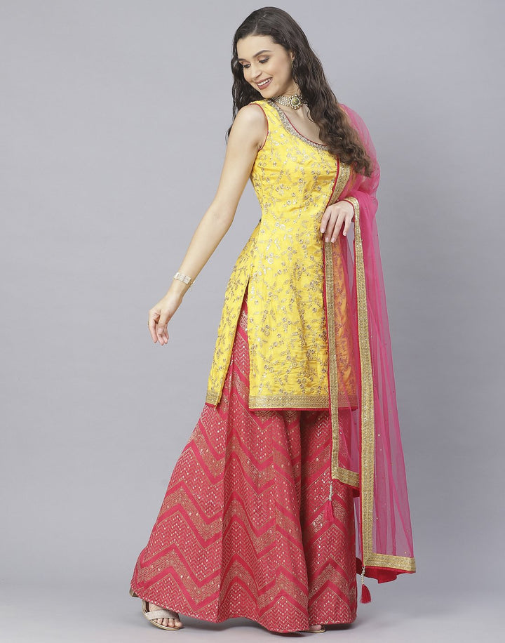 Mustard and Rani Handloom Dupion Salwar Kameez