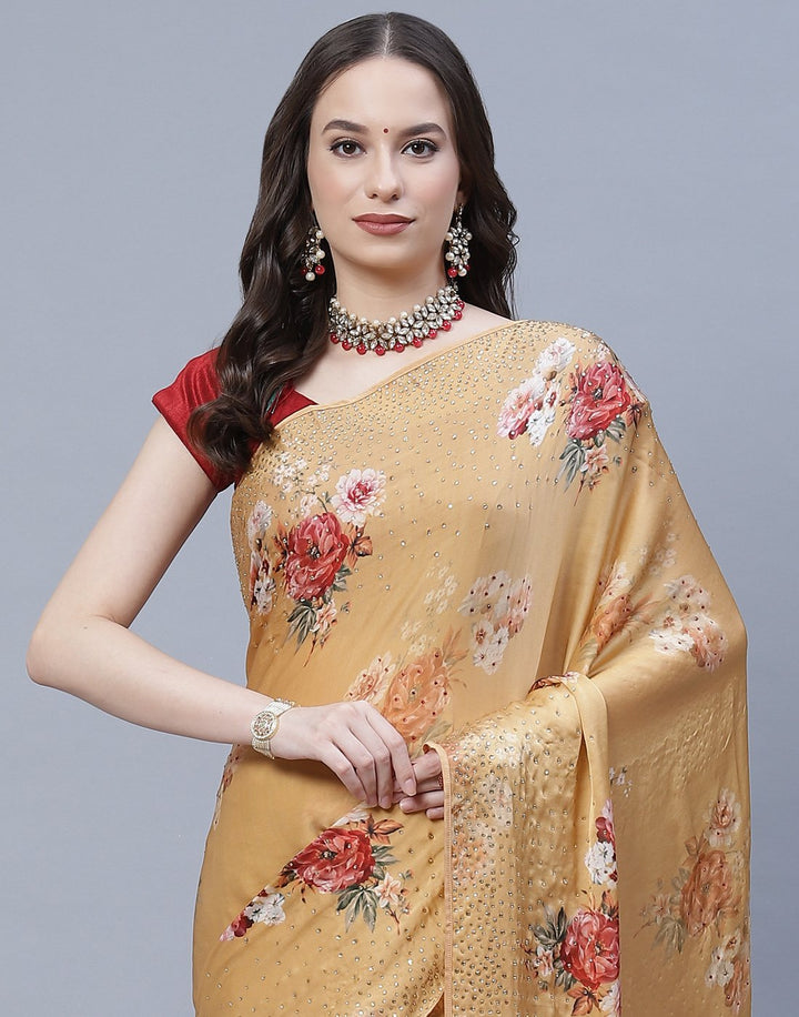 Digital Floral Printed Crepe Saree with Stone Work