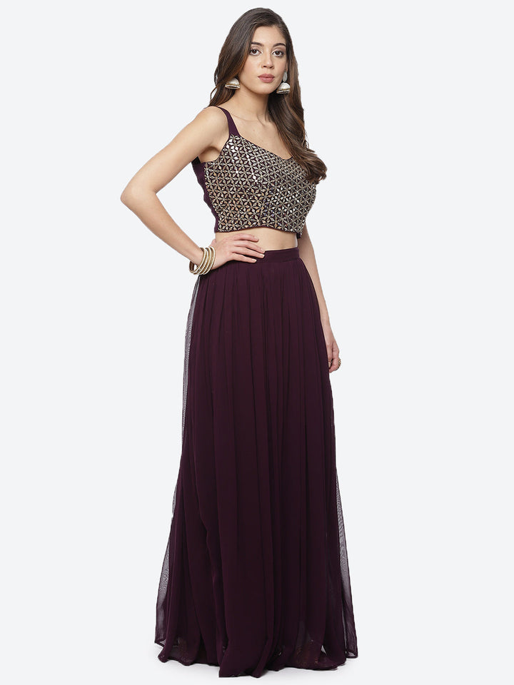 Mirror Work Georgette Crop Top With Palazzo &amp; Jacket