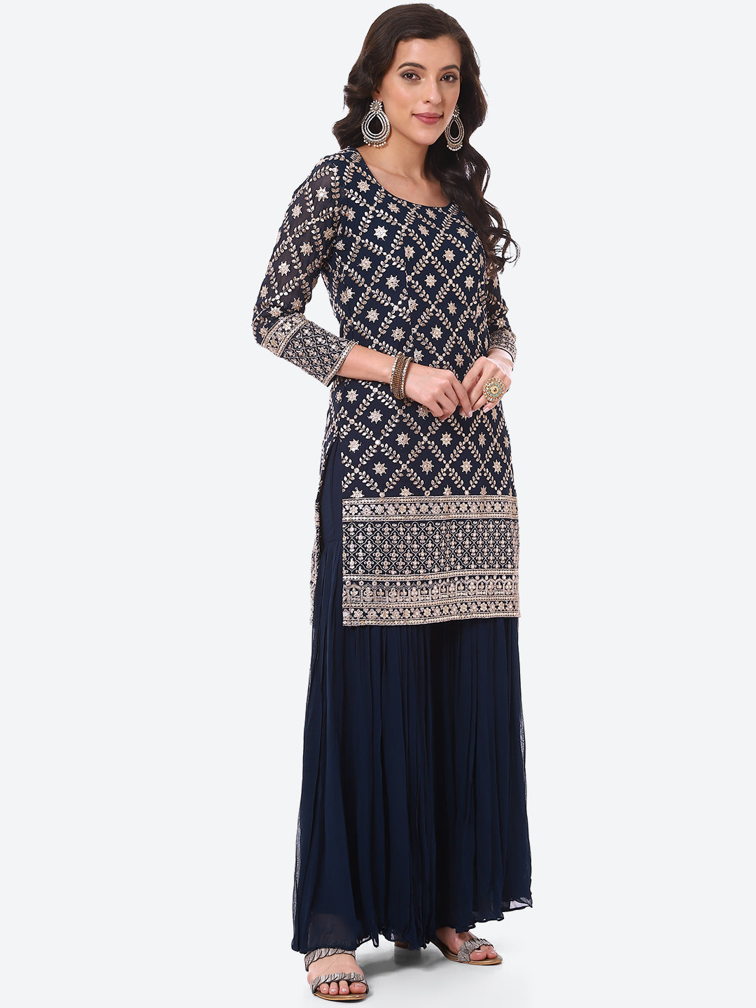 Zari Zaal Embroidered Georgette Kurti With Sharara &amp; Dupatta