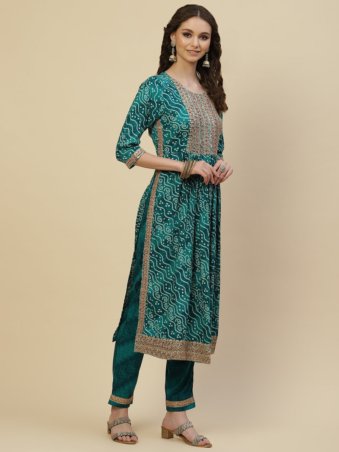 Bandhani Printed Cotton Kurta With Pants &amp; Dupatta