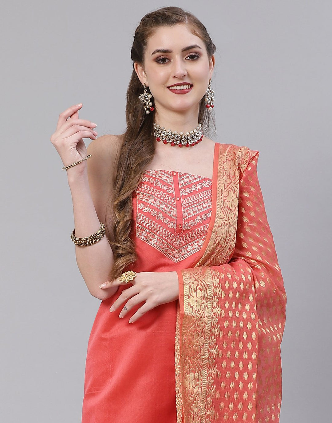 Chanderi Embroidered Suit Piece with banarasi dupatta