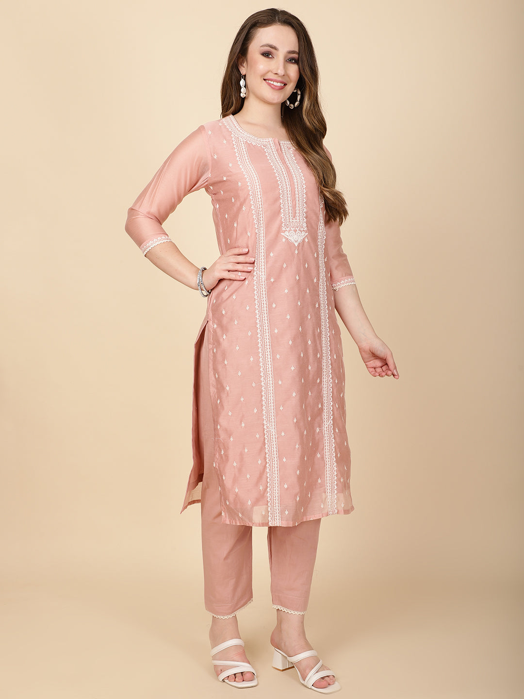 Booti Embroidery Chanderi Kurta With Pants &amp; Dupatta