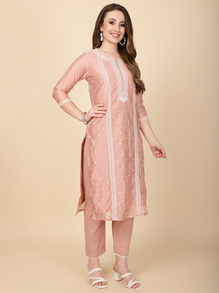 Booti Embroidery Chanderi Kurta With Pants &amp; Dupatta