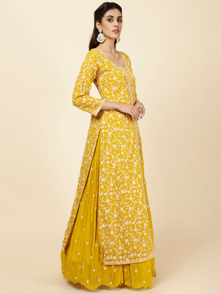 Embroidered Georgette Kurta With Skirt &amp; Dupatta