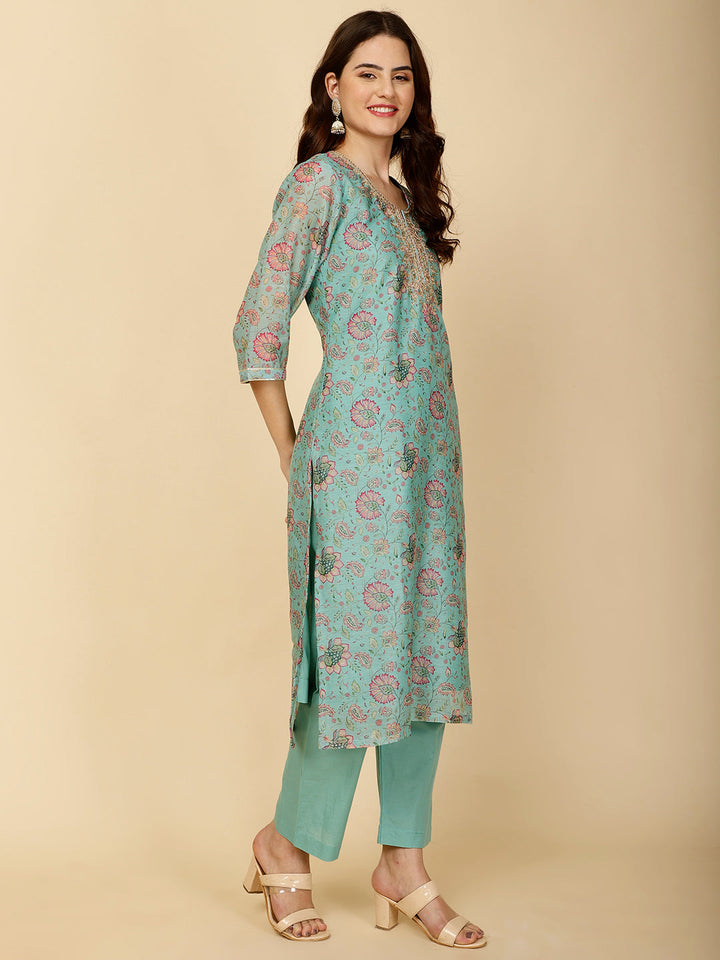 Floral Printed Chanderi Kurta With Pants &amp; Dupatta