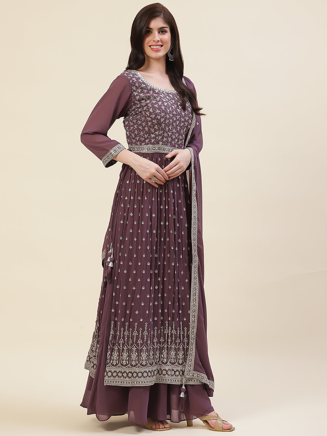 Zari Embroidered Booti Georgette Kurta With Palazzo &amp; Dupatta