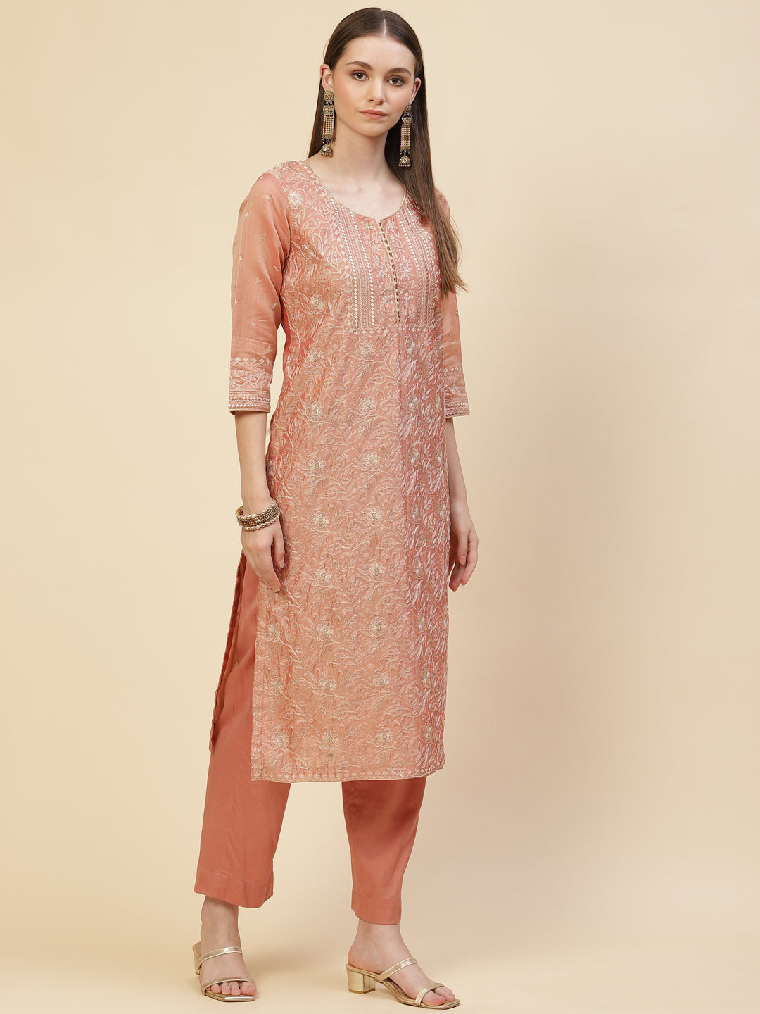 Zari Embroidered Cotton Kurta With Pants &amp; Dupatta