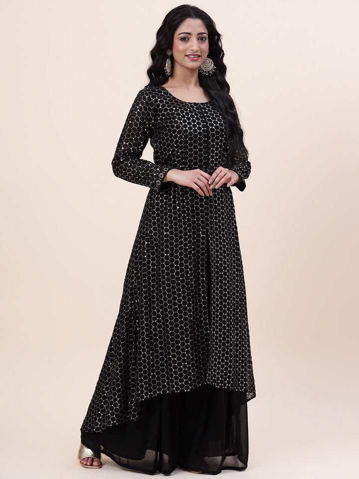 Sequin Embroidered Georgette Kurta With Palazzo &amp; Dupatta