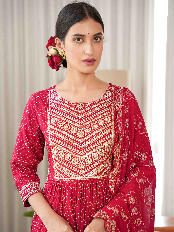 Bandhani Embroidered Rayon Kurta With Pants &amp; Dupatta