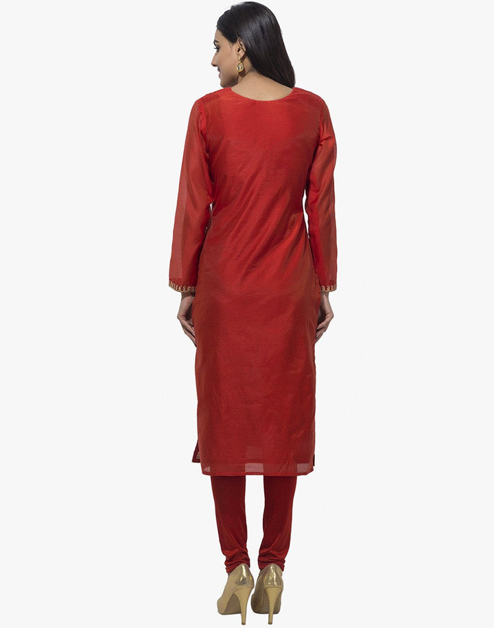 MBZ Meena Bazaar-Red Cotton Chanderi Stitched Salwaar Kameez