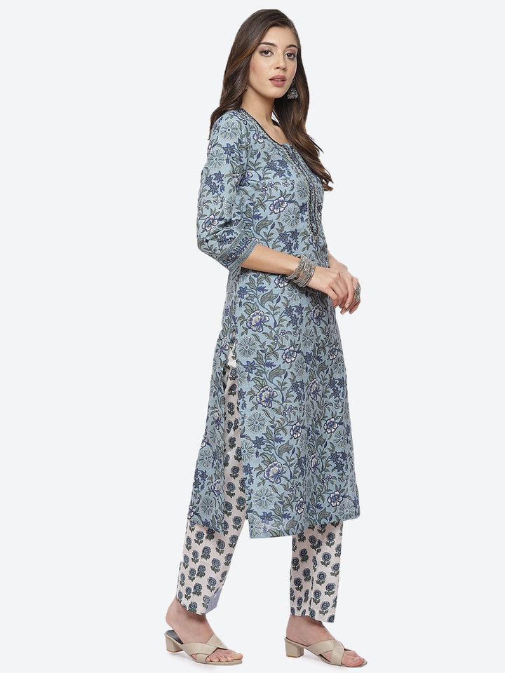 Floral Printed Cotton Kurta With Printed Pant