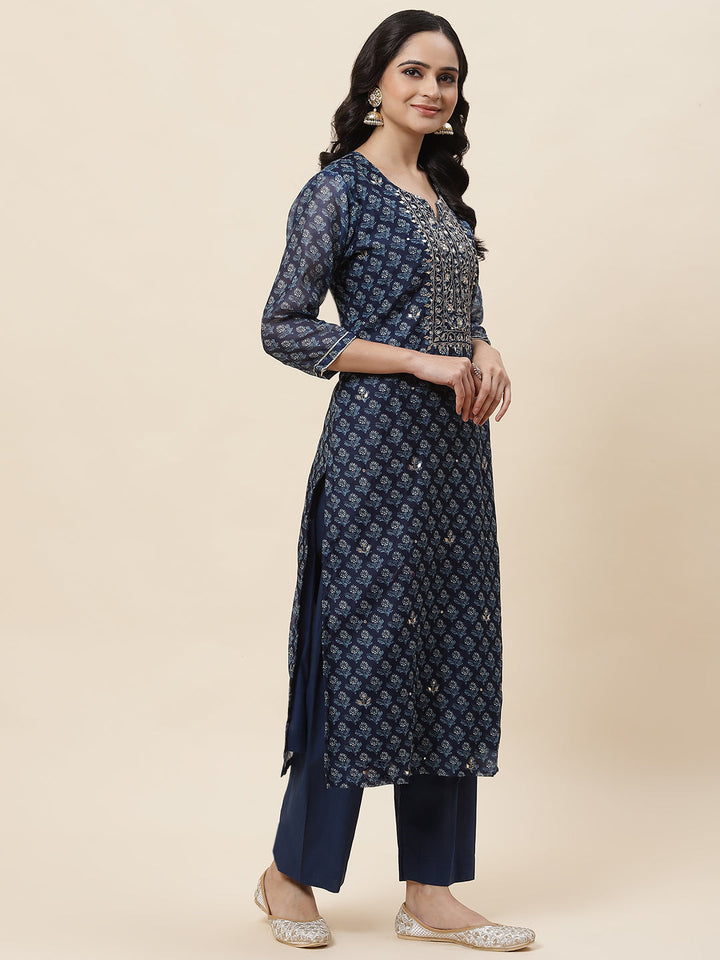 Floral Printed Chanderi Kurta With Pants &amp; Dupatta