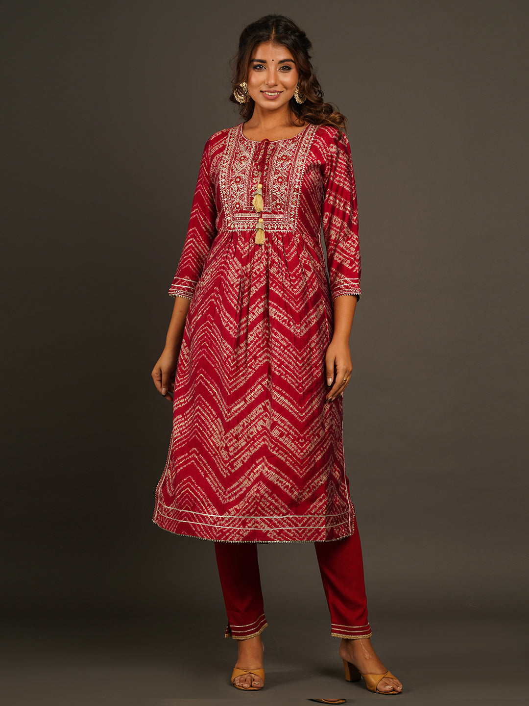 Neck Embroidered &amp; Printed Chanderi Kurta With Pants