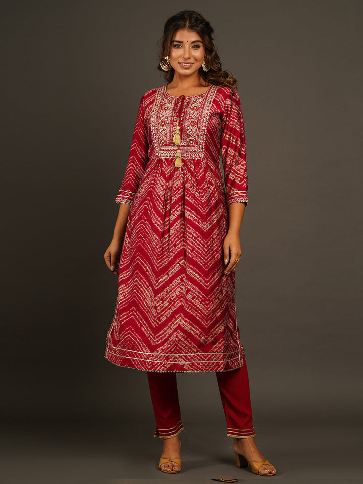 Neck Embroidered &amp; Printed Chanderi Kurta With Pants