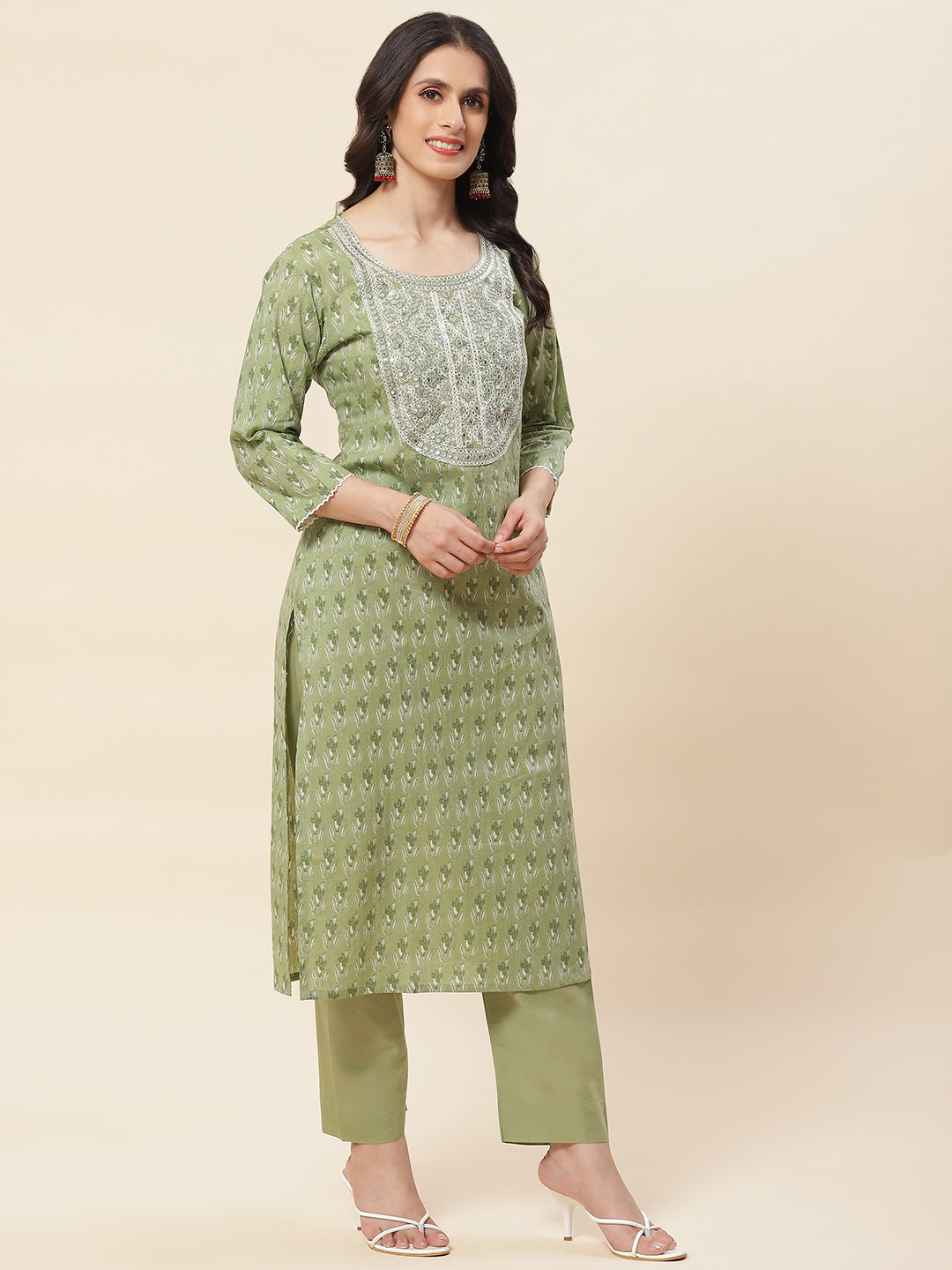 Printed  &amp; Neck Embroidered Cotton Kurta With Pants
